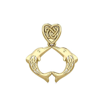 Celtic Double Dolphins with Celtic Heart Bale Solid Gold Pendant GPD5697 - Jewelry